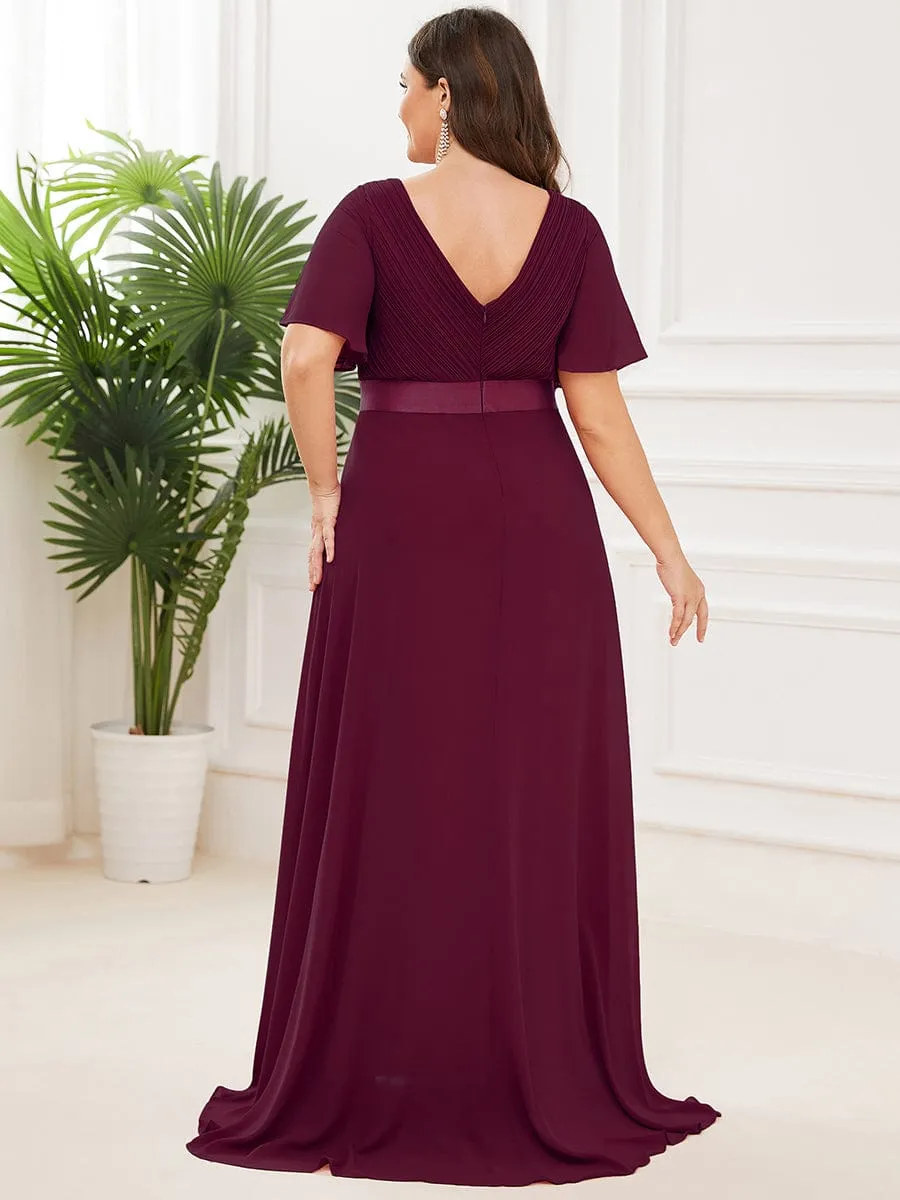 Monica | Long Chiffon Empire Waist Bridesmaid Dress with Short Flutter Sleeves