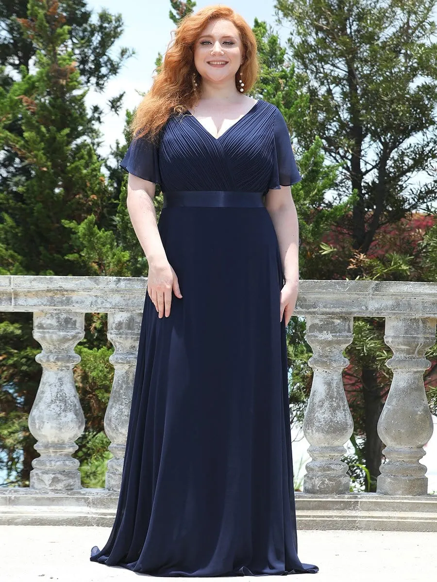 Monica | Long Chiffon Empire Waist Bridesmaid Dress with Short Flutter Sleeves