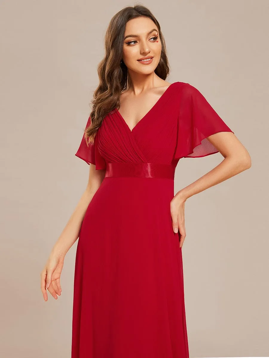 Monica | Long Chiffon Empire Waist Bridesmaid Dress with Short Flutter Sleeves