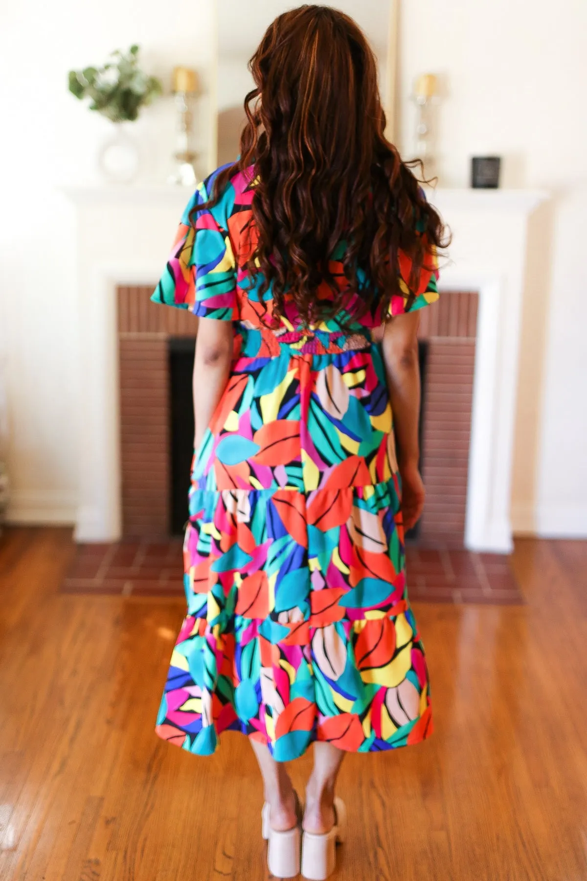 Multicolor Abstract Tropical Print Smocked Waist Maxi Dress