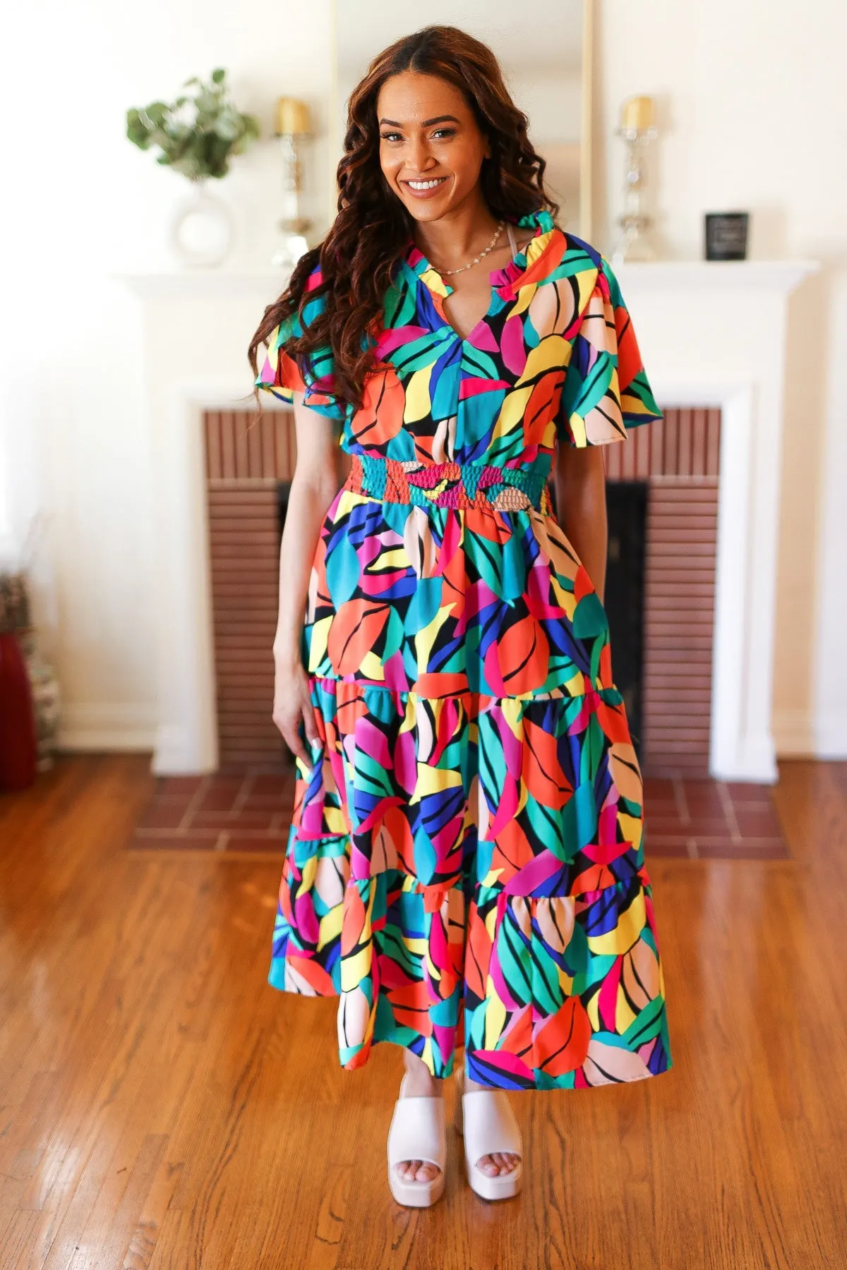 Multicolor Abstract Tropical Print Smocked Waist Maxi Dress