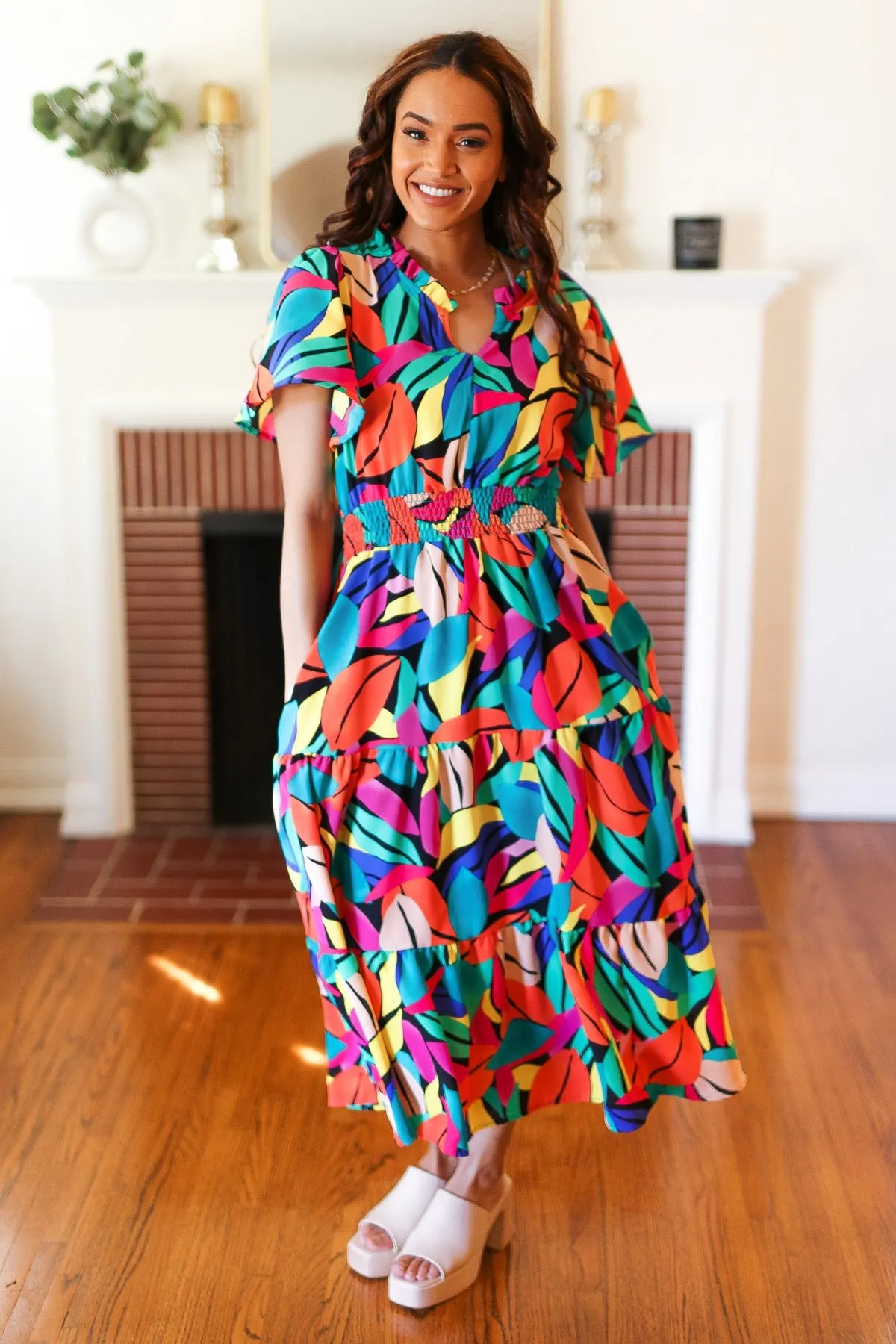 Multicolor Abstract Tropical Print Smocked Waist Maxi Dress