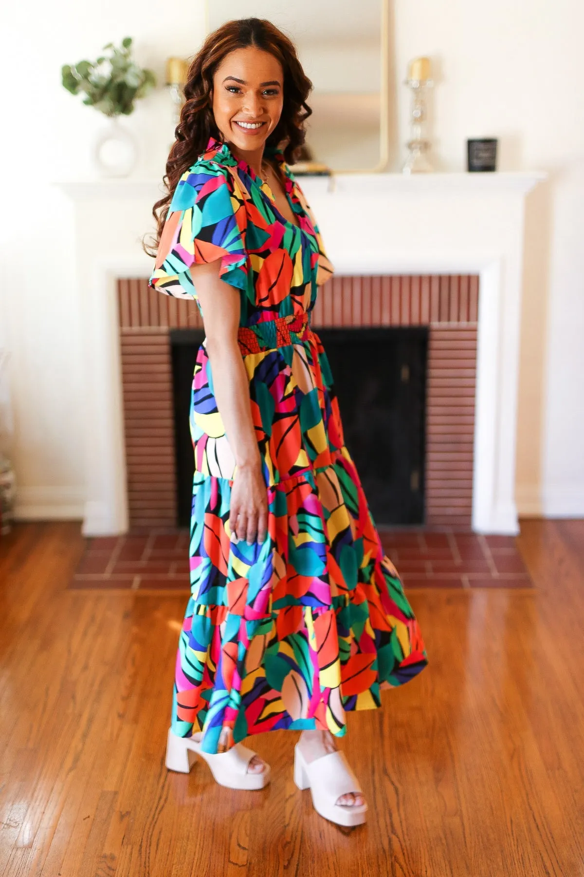 Multicolor Abstract Tropical Print Smocked Waist Maxi Dress