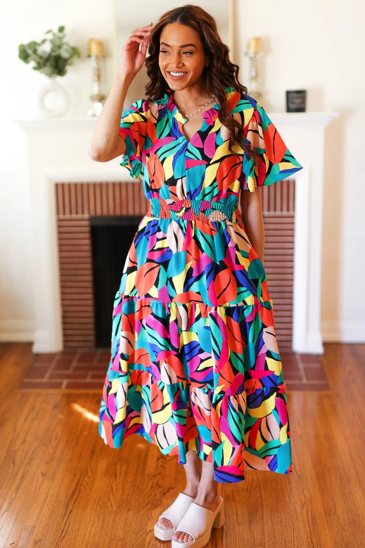 Multicolor Abstract Tropical Print Smocked Waist Maxi Dress