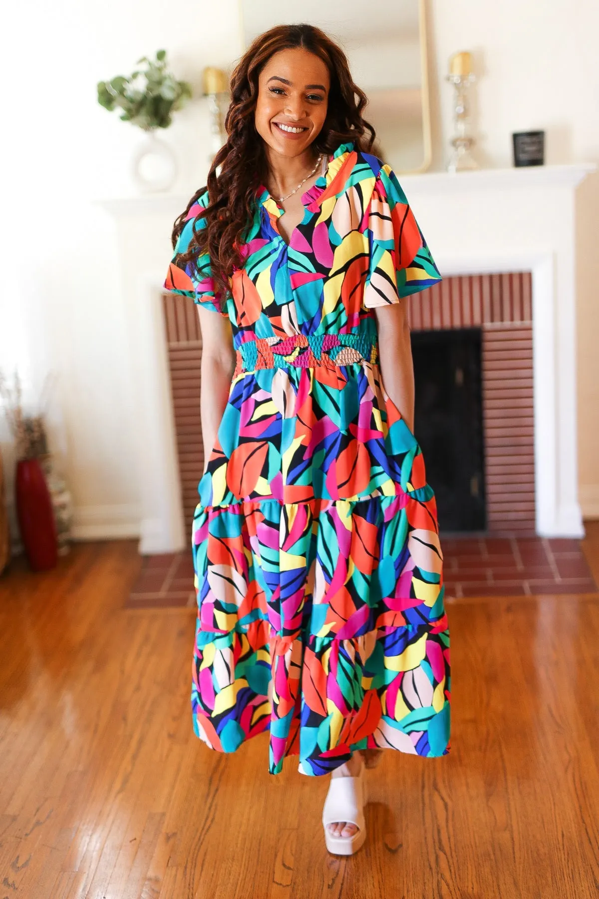 Multicolor Abstract Tropical Print Smocked Waist Maxi Dress