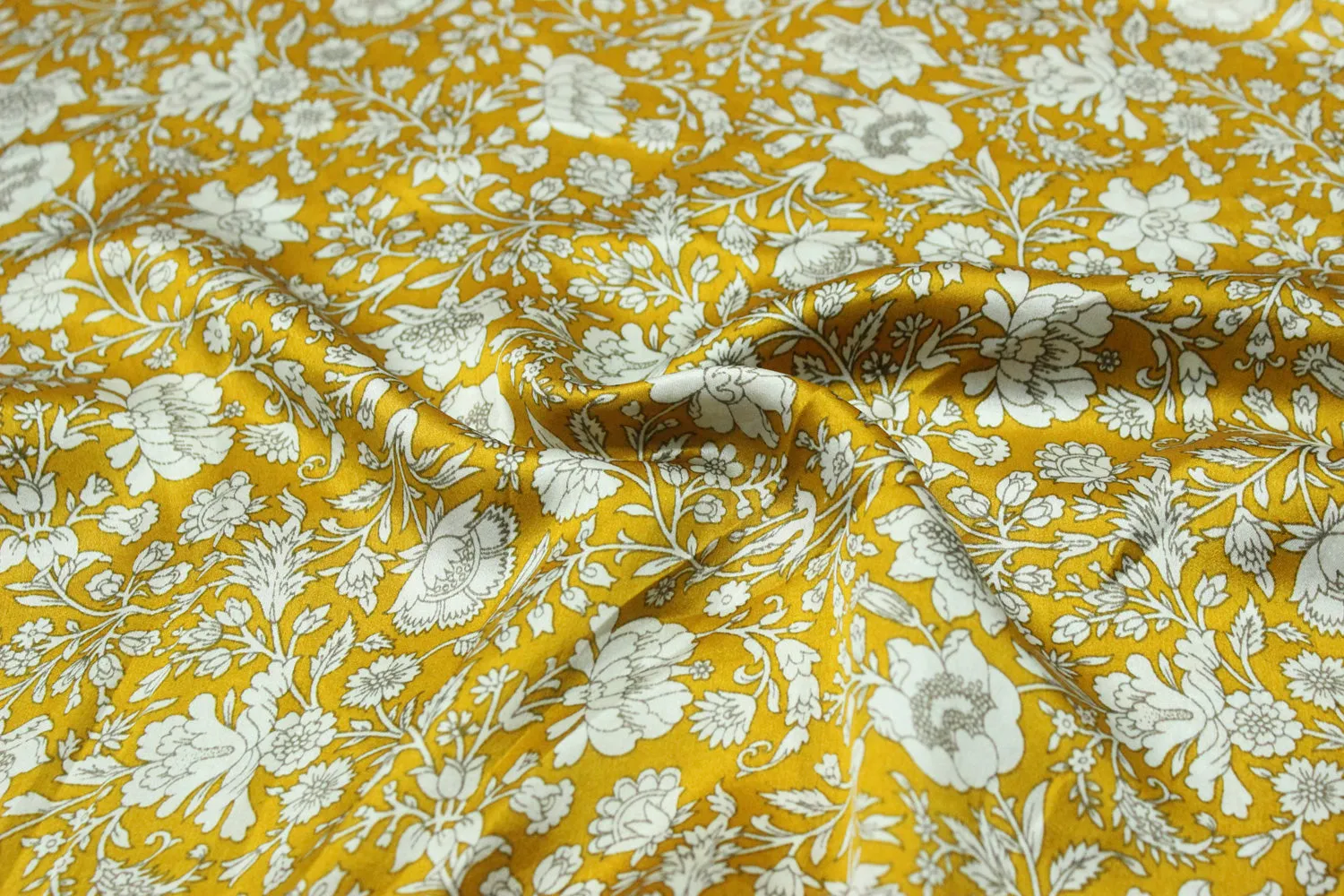 Mustard Yellow Printed Silk Satin  Fabric