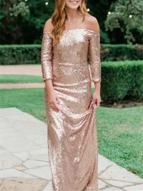 Off Shoulder Long Sequin Bridesmaid Dresses, Long Sleeves Bridesmaid Dresses