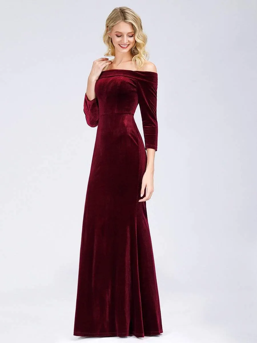 Off the Shoulder Velvet Evening Maxi Dress with Long Sleeve