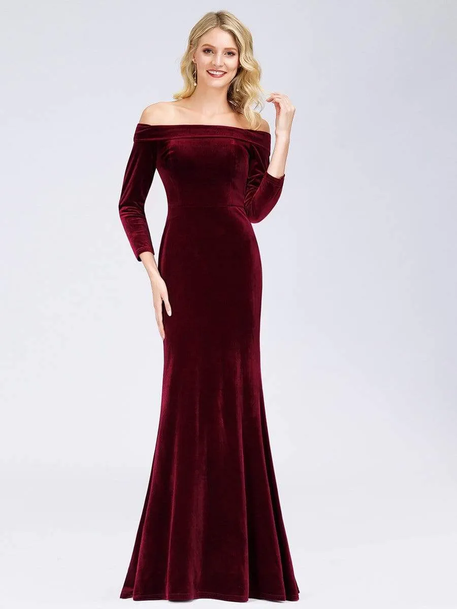 Off the Shoulder Velvet Evening Maxi Dress with Long Sleeve