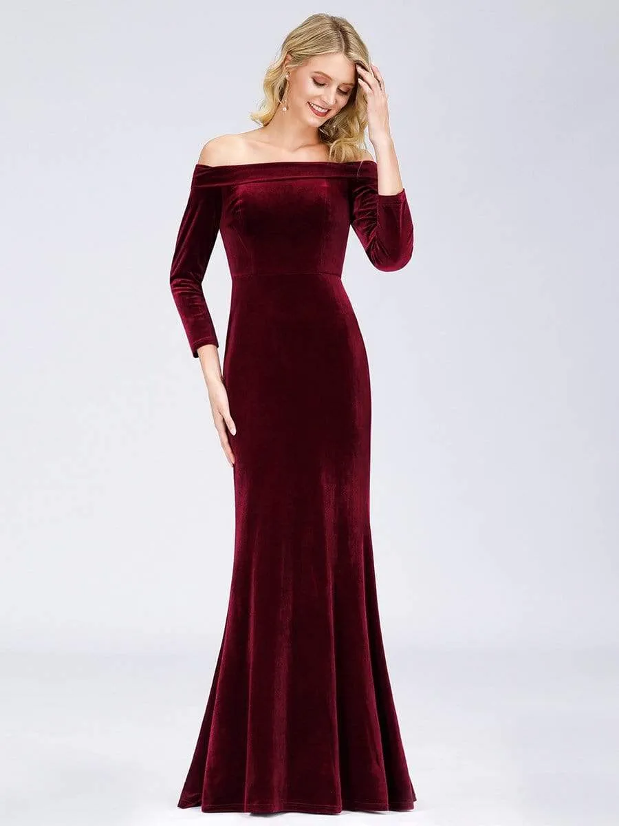 Off the Shoulder Velvet Evening Maxi Dress with Long Sleeve