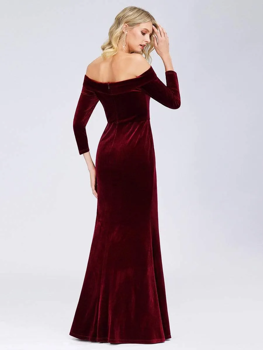 Off the Shoulder Velvet Evening Maxi Dress with Long Sleeve