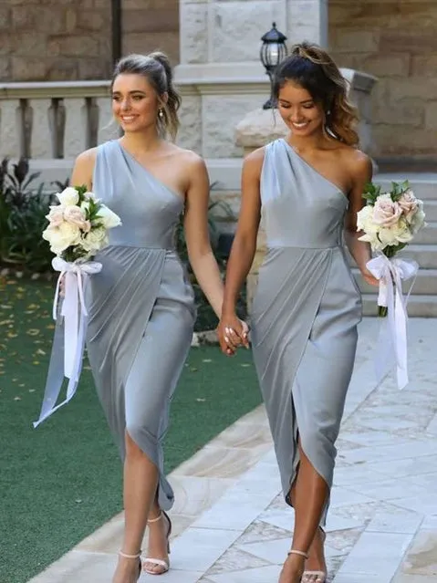 One Shoulder Long Mermaid Jersey Bridesmaid Dresses, Grey Long Bridesmaid Dresses, Long Bridesmaid Dresses