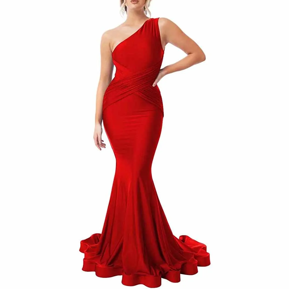 One Shoulder Mermaid Bridesmaid Dresses Ruched Bodycon Prom Dress Long Formal Evening Gowns