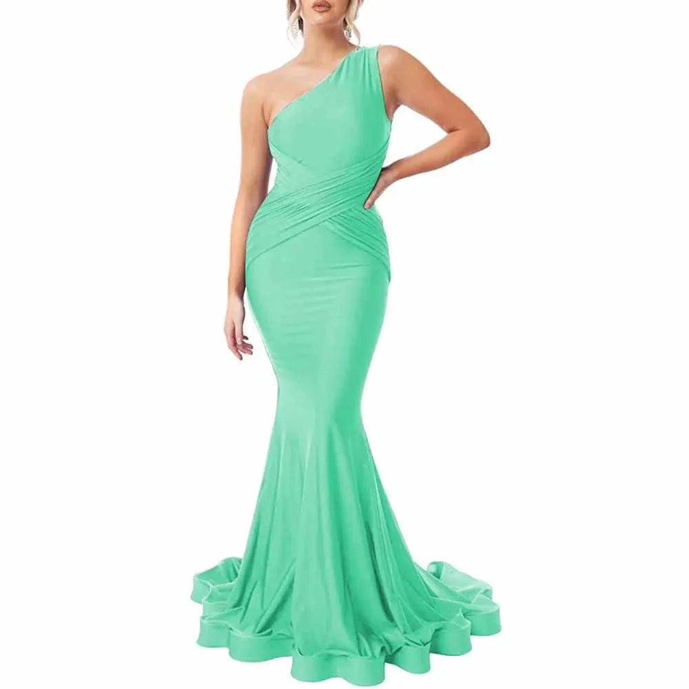 One Shoulder Mermaid Bridesmaid Dresses Ruched Bodycon Prom Dress Long Formal Evening Gowns