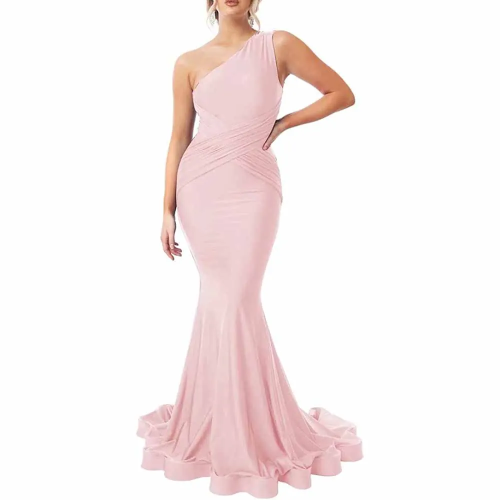 One Shoulder Mermaid Bridesmaid Dresses Ruched Bodycon Prom Dress Long Formal Evening Gowns