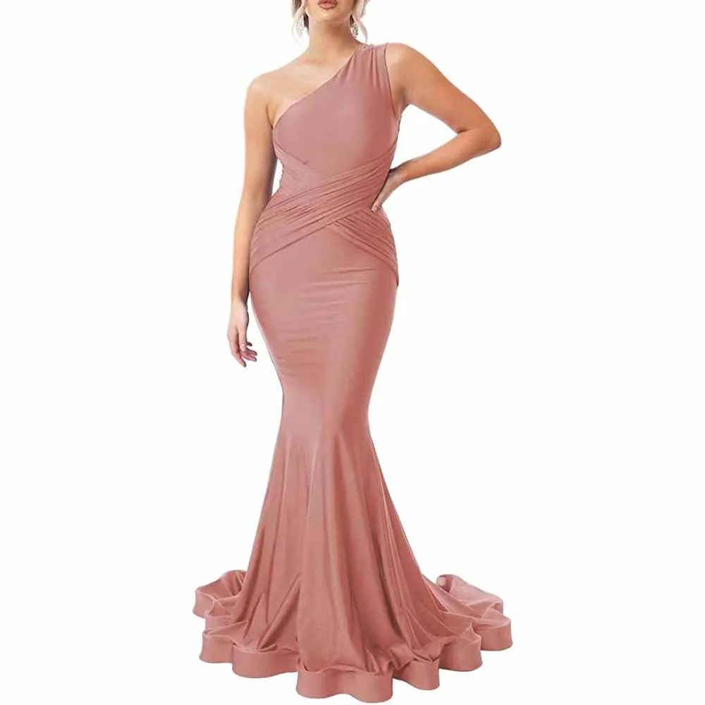 One Shoulder Mermaid Bridesmaid Dresses Ruched Bodycon Prom Dress Long Formal Evening Gowns