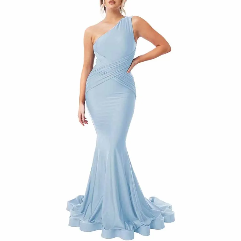 One Shoulder Mermaid Bridesmaid Dresses Ruched Bodycon Prom Dress Long Formal Evening Gowns