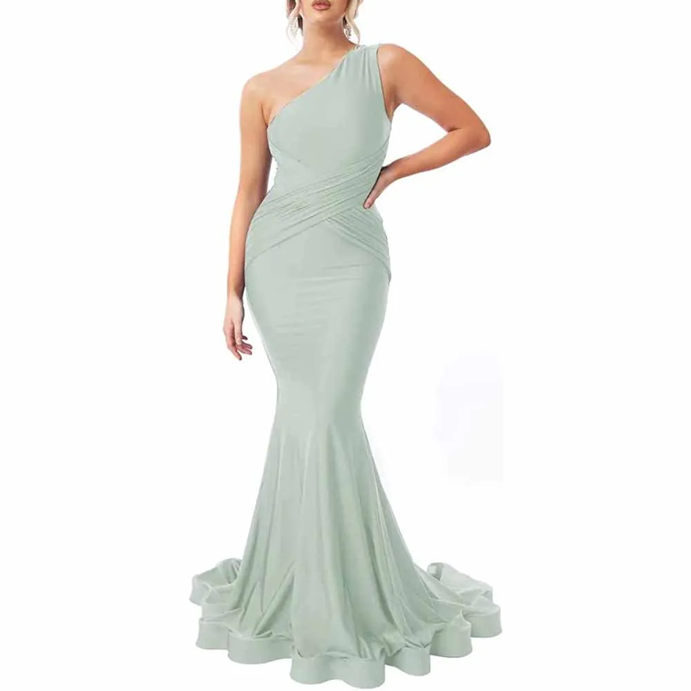 One Shoulder Mermaid Bridesmaid Dresses Ruched Bodycon Prom Dress Long Formal Evening Gowns