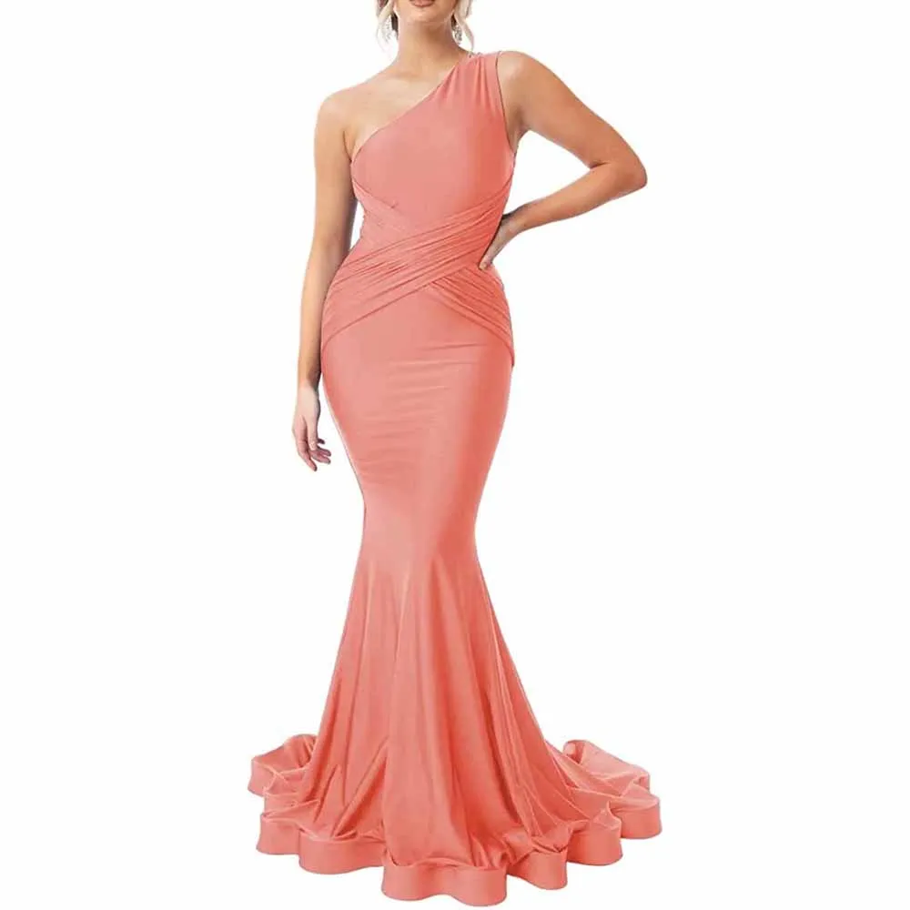 One Shoulder Mermaid Bridesmaid Dresses Ruched Bodycon Prom Dress Long Formal Evening Gowns