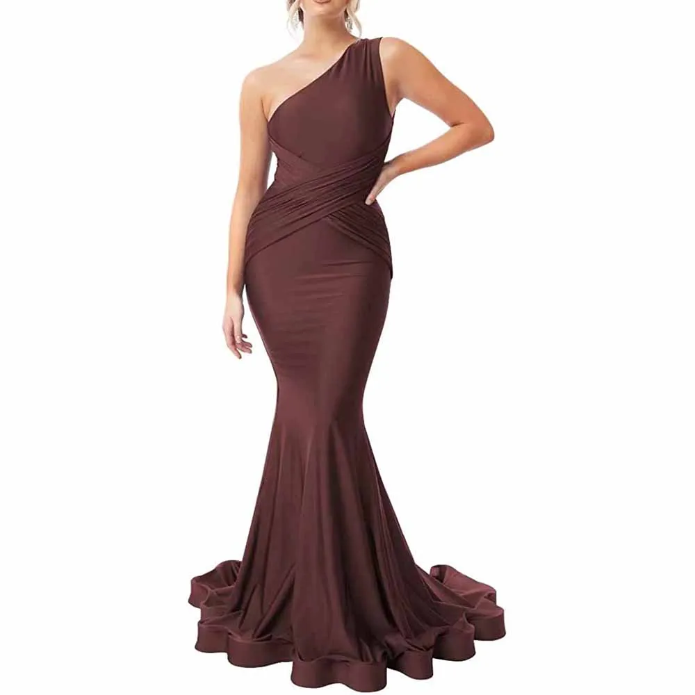 One Shoulder Mermaid Bridesmaid Dresses Ruched Bodycon Prom Dress Long Formal Evening Gowns