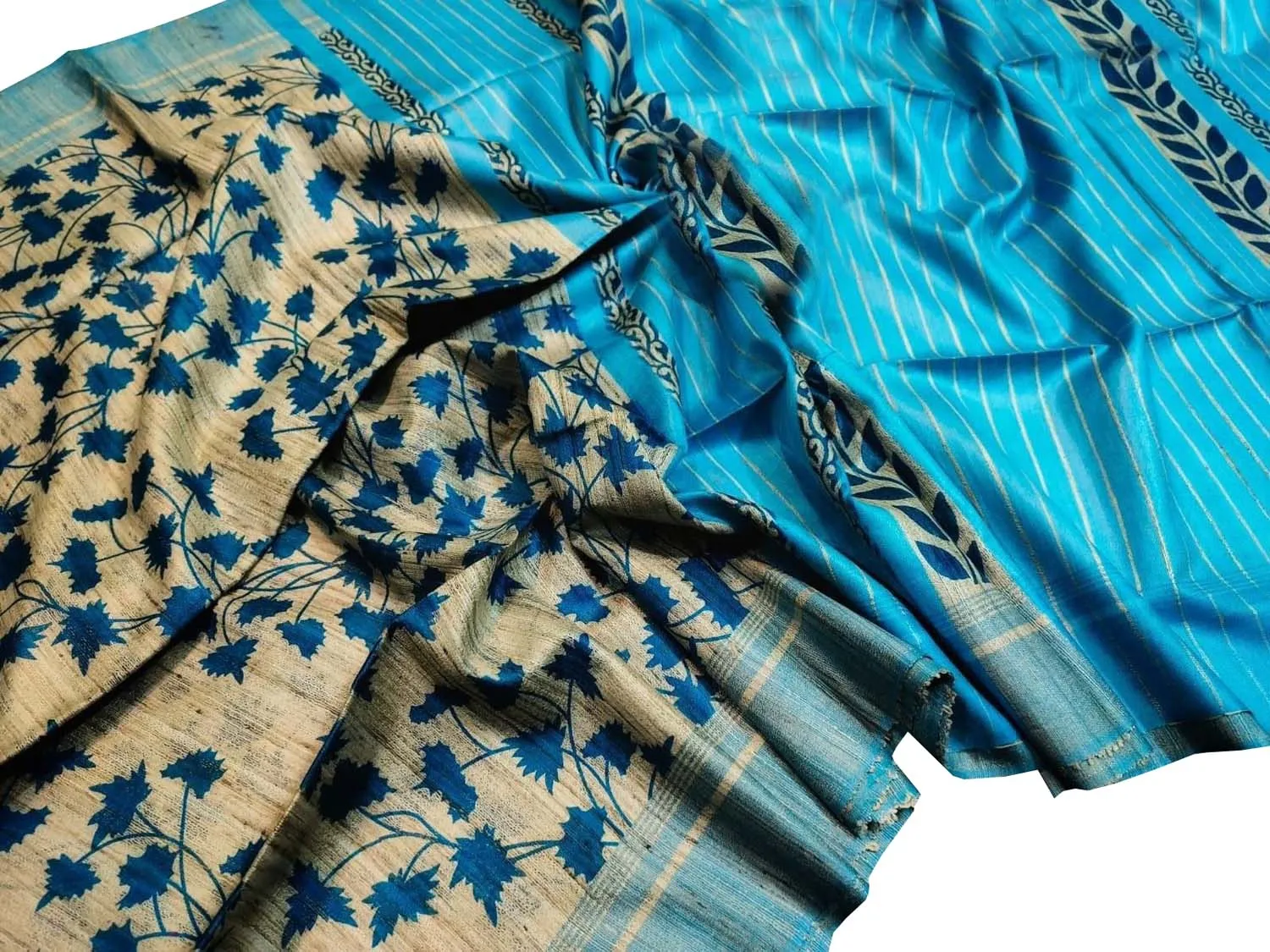 Pastel Bhagalpur Pure Ghicha Tussar Silk Block Printed Saree