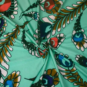 Pastel Teal-Purple-Multi  Feather Printed Stretch Silk Jersey Knit Fabric