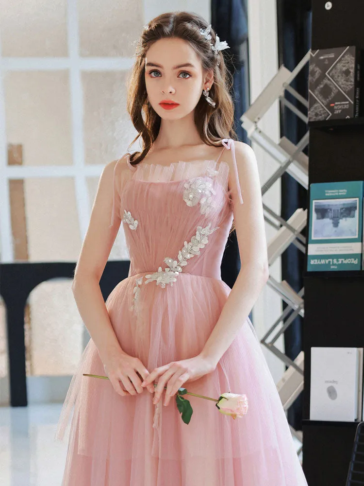 Pink Tulle A line Long Prom Dress, Pink Tulle Evening Dresses