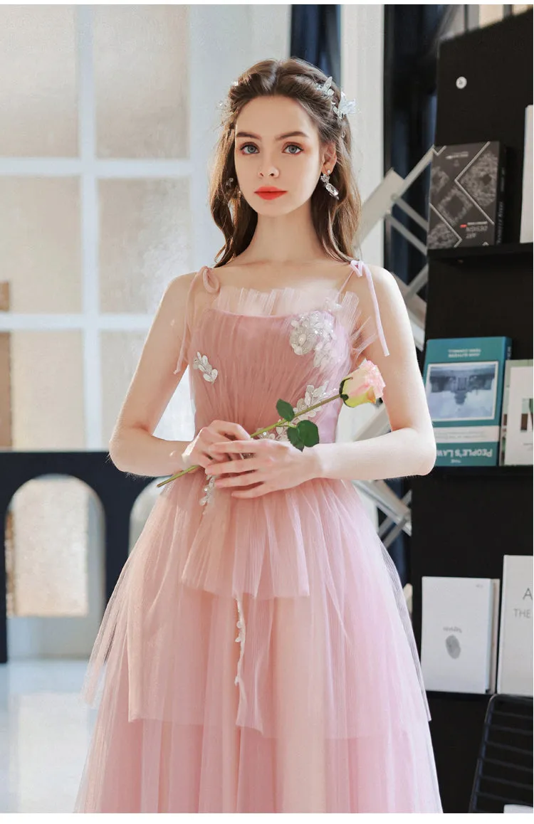 Pink Tulle A line Long Prom Dress, Pink Tulle Evening Dresses