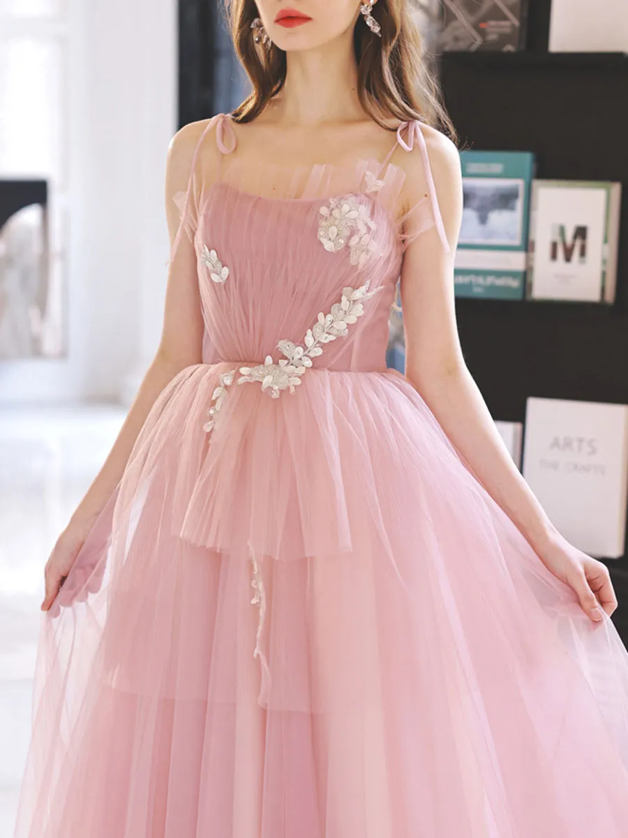 Pink Tulle A line Long Prom Dress, Pink Tulle Evening Dresses