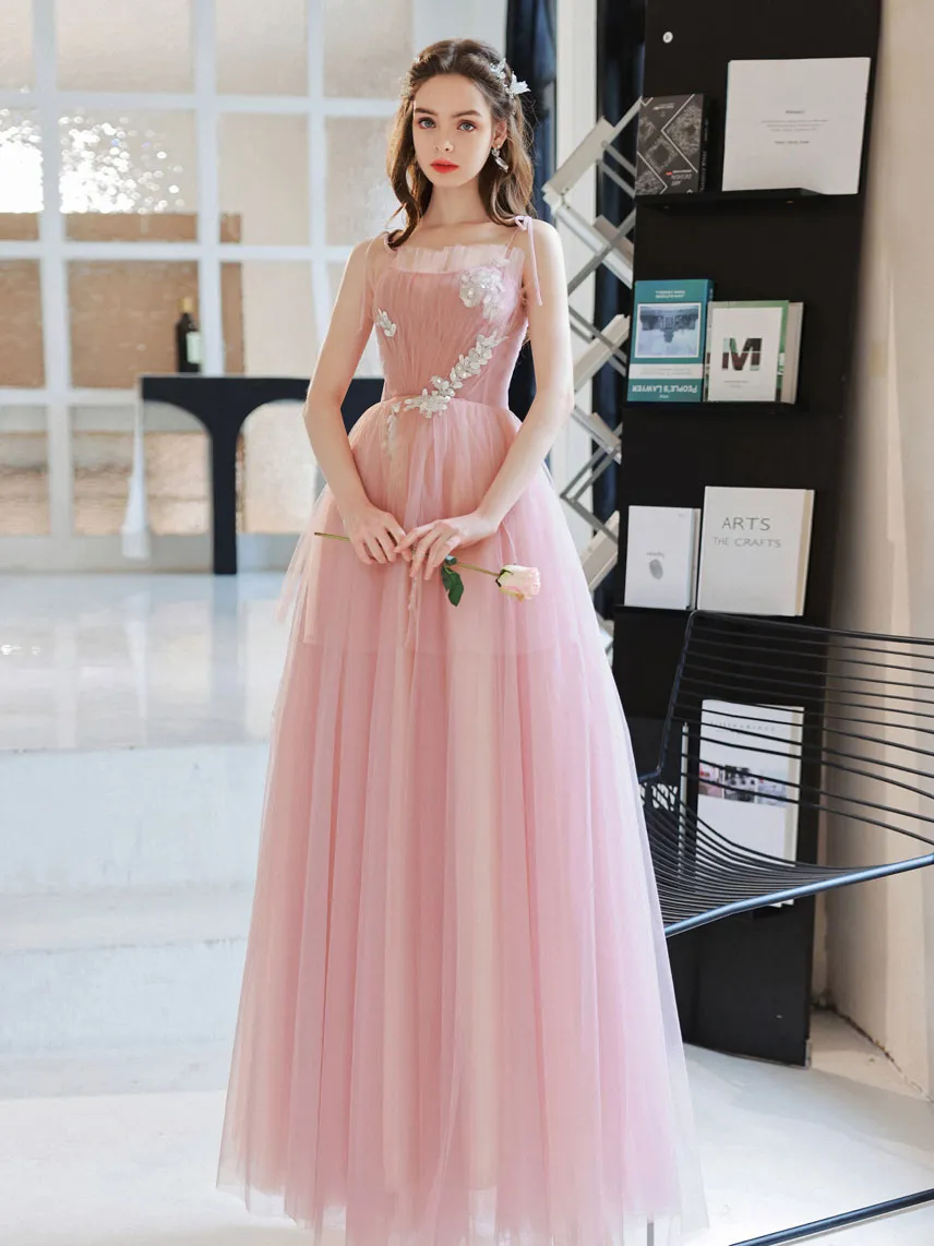 Pink Tulle A line Long Prom Dress, Pink Tulle Evening Dresses