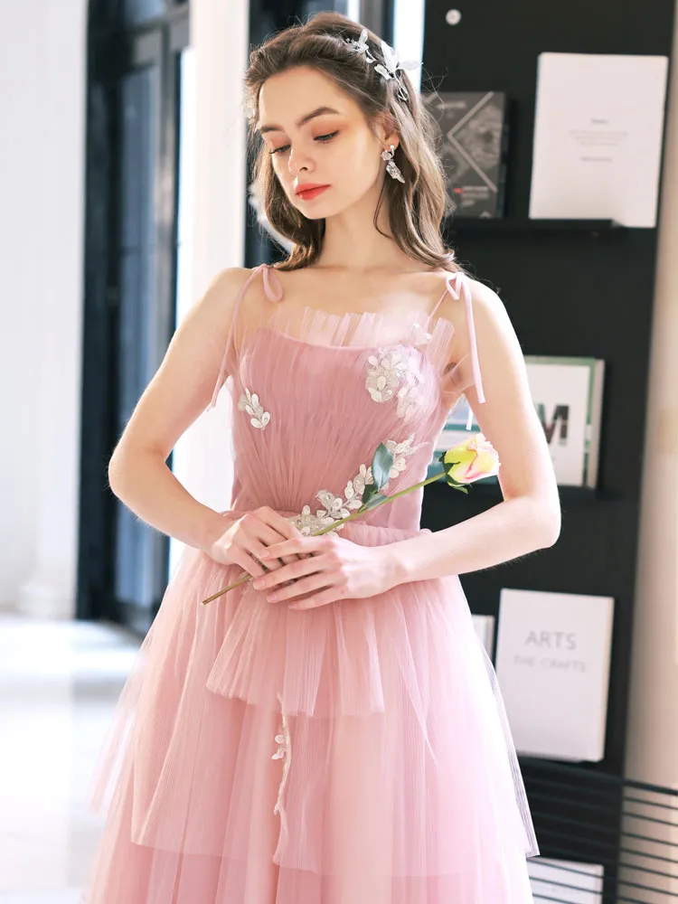 Pink Tulle A line Long Prom Dress, Pink Tulle Evening Dresses