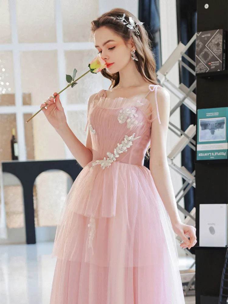 Pink Tulle A line Long Prom Dress, Pink Tulle Evening Dresses