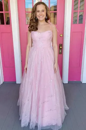 Pink Tulle A-line Sweetheart Simple Prom Dresses, Long Formal Dresses, SP971