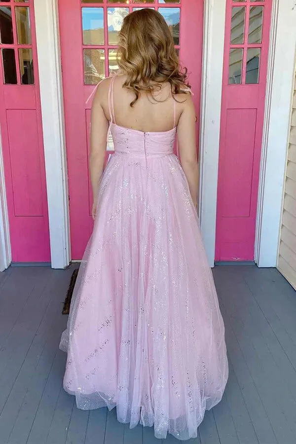 Pink Tulle A-line Sweetheart Simple Prom Dresses, Long Formal Dresses, SP971