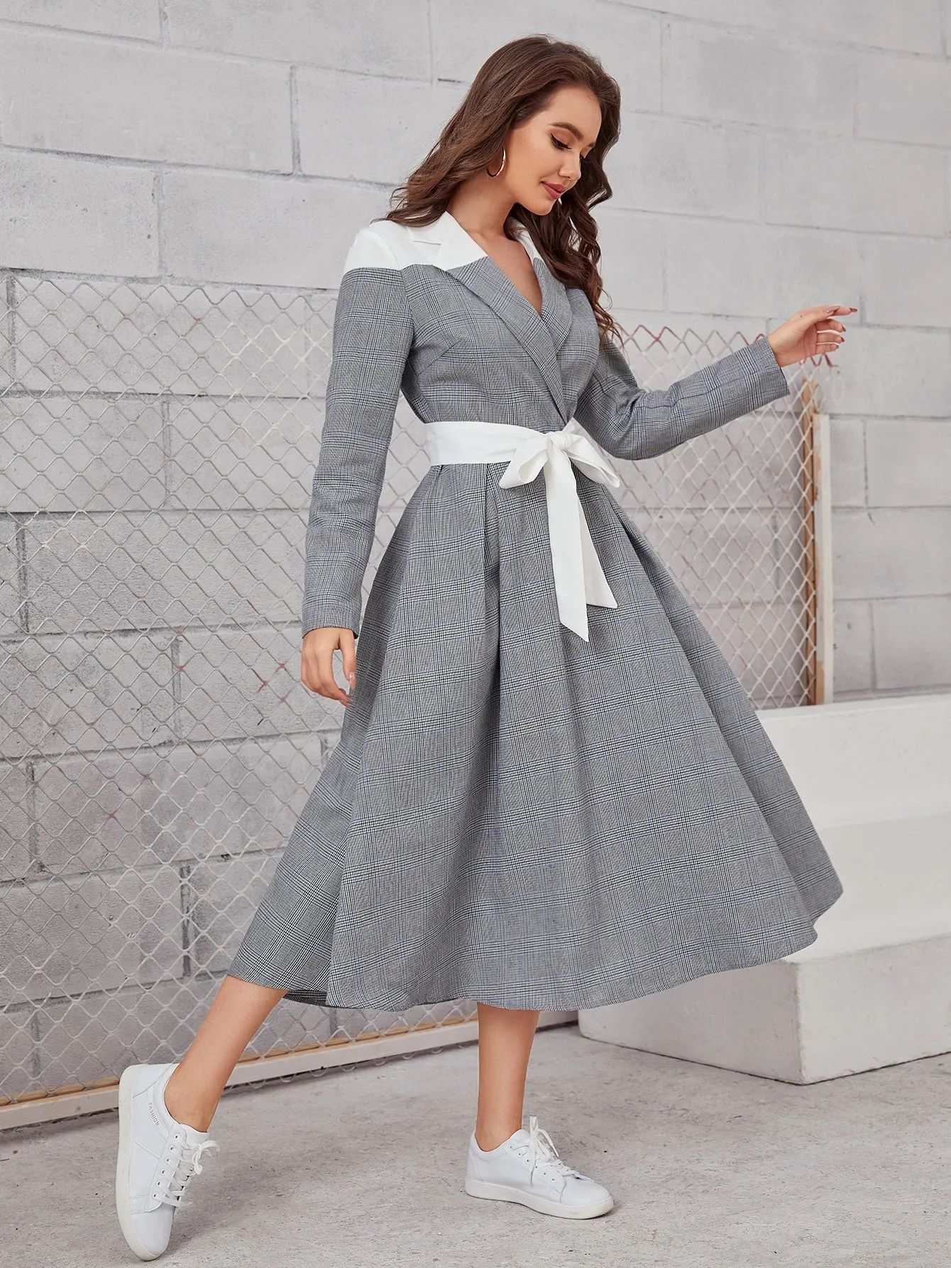 Plaid Zipper Long Sleeve Lapel Flared High Waist Long Dress