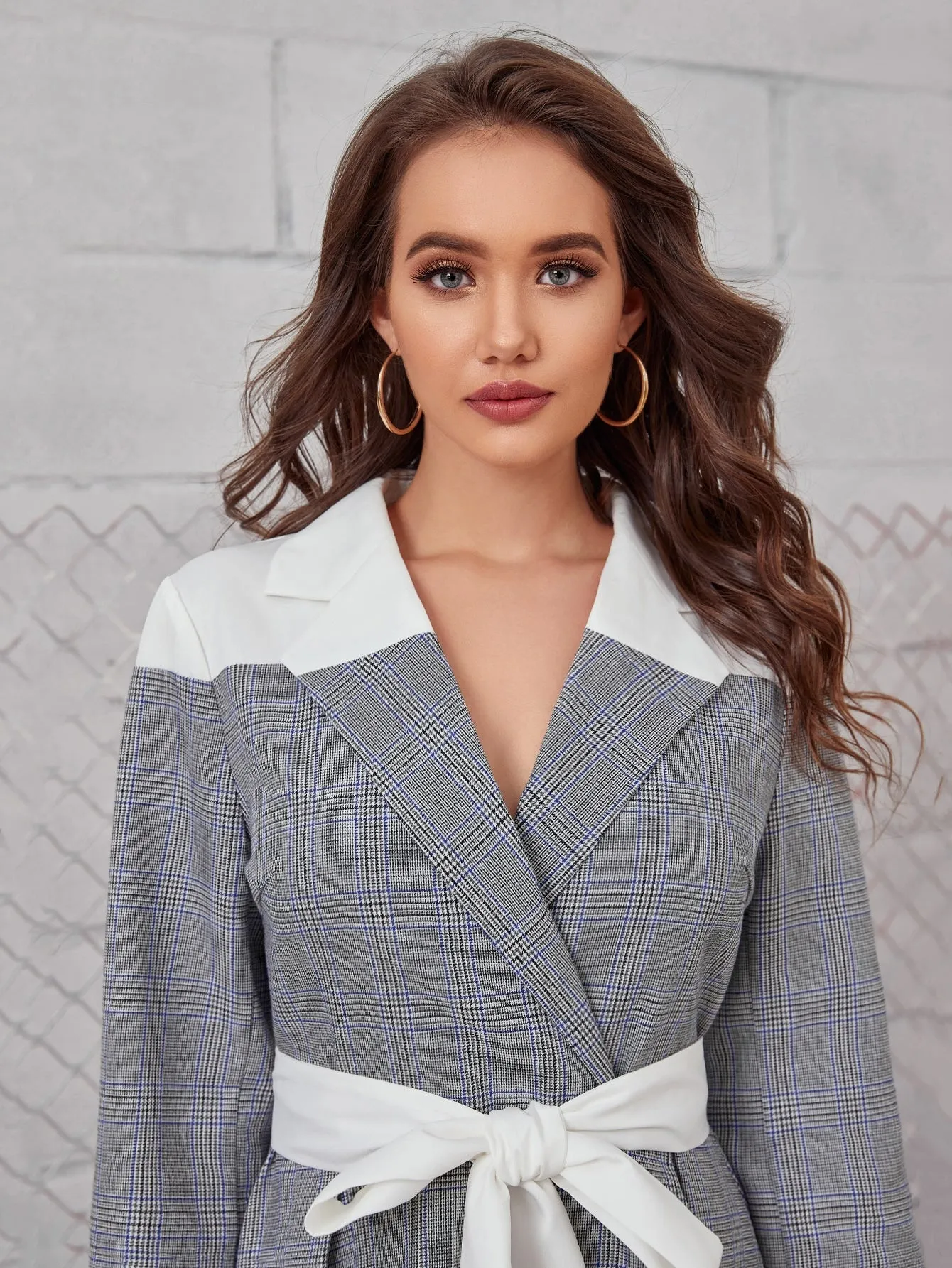 Plaid Zipper Long Sleeve Lapel Flared High Waist Long Dress