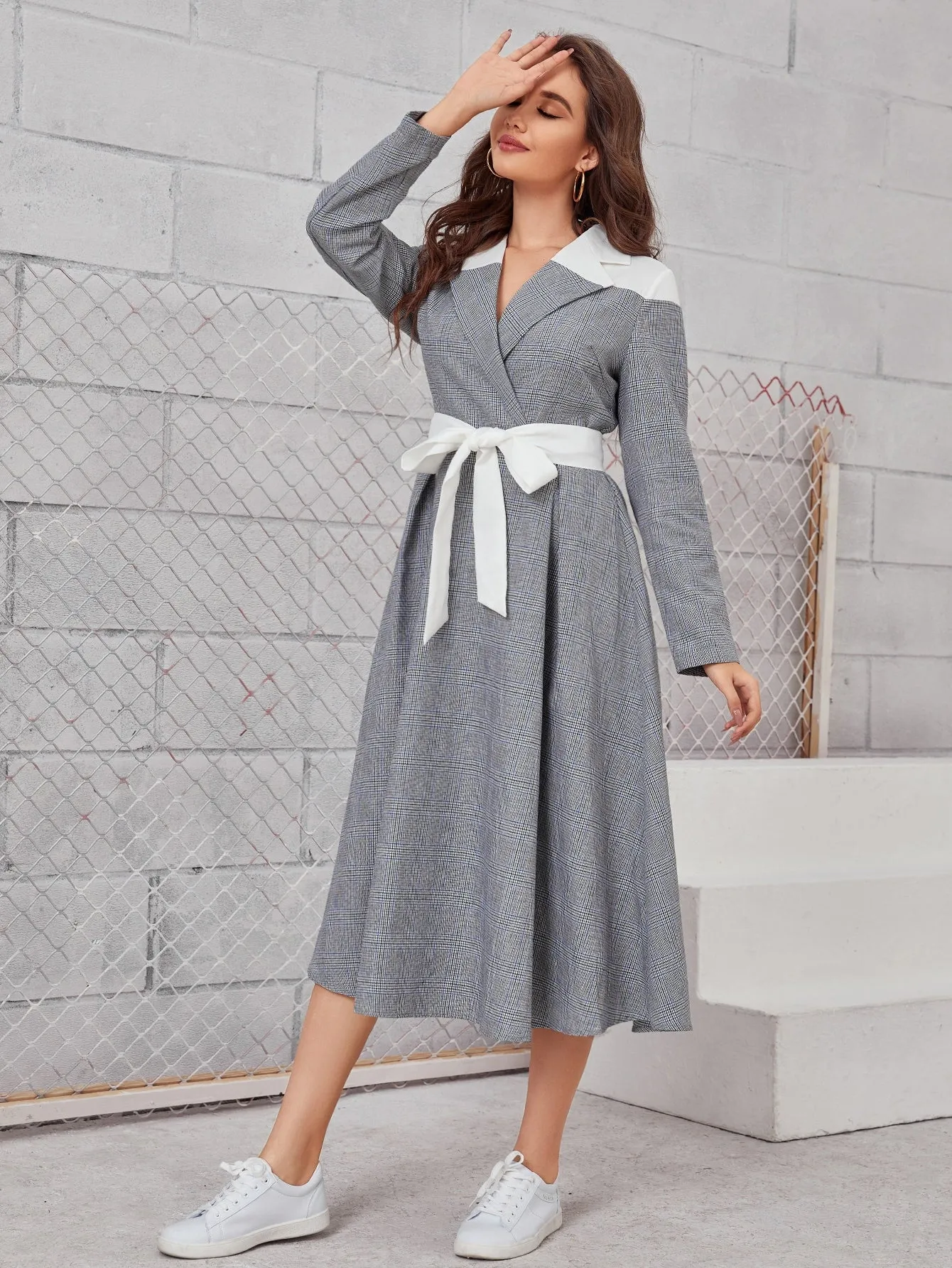 Plaid Zipper Long Sleeve Lapel Flared High Waist Long Dress