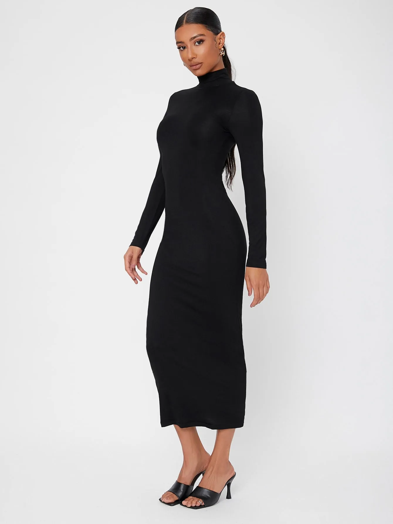 Plain Long Sleeve High Neck Pencil Natural Long Womens Dress