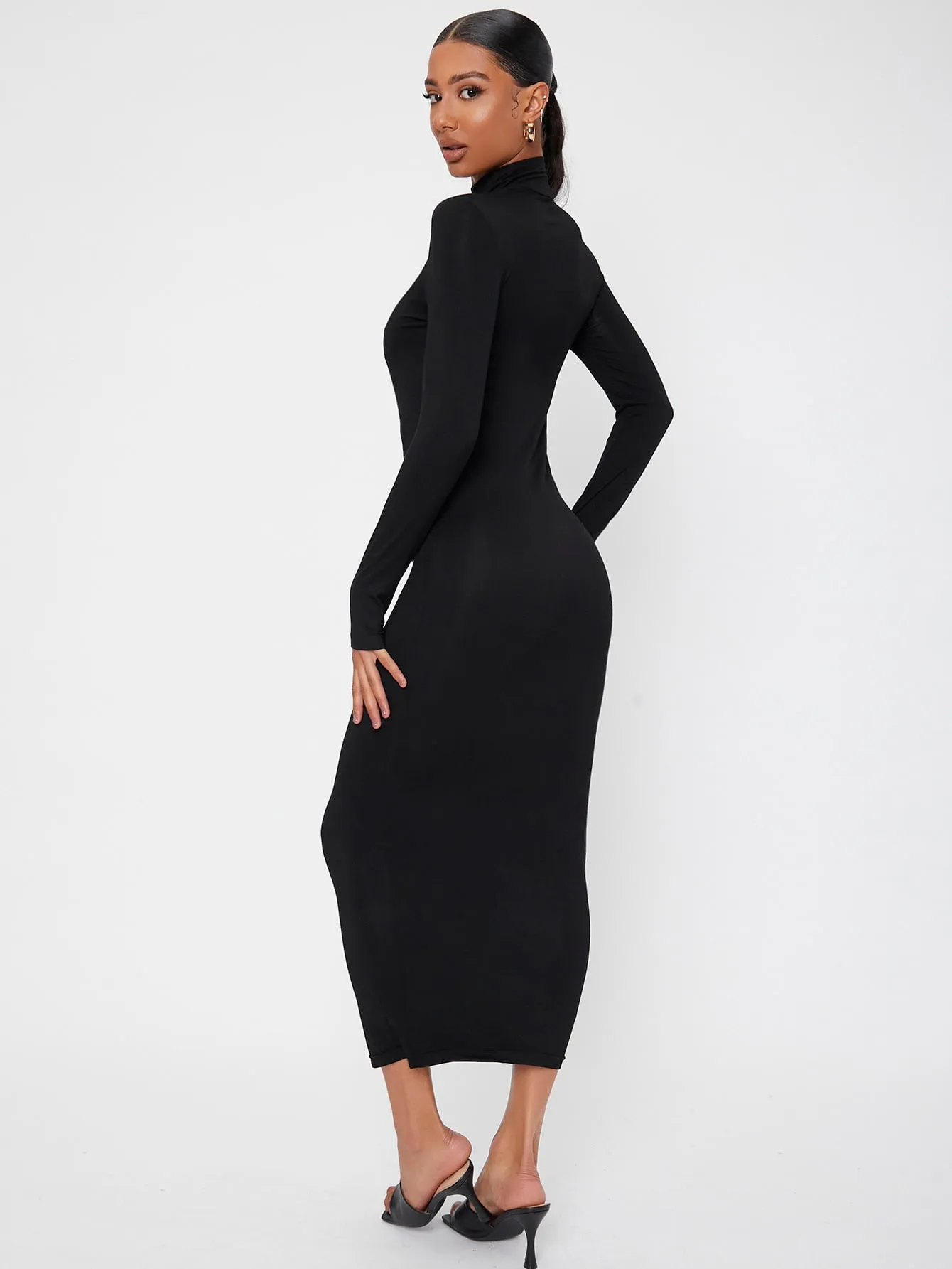 Plain Long Sleeve High Neck Pencil Natural Long Womens Dress