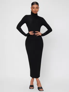 Plain Long Sleeve High Neck Pencil Natural Long Womens Dress