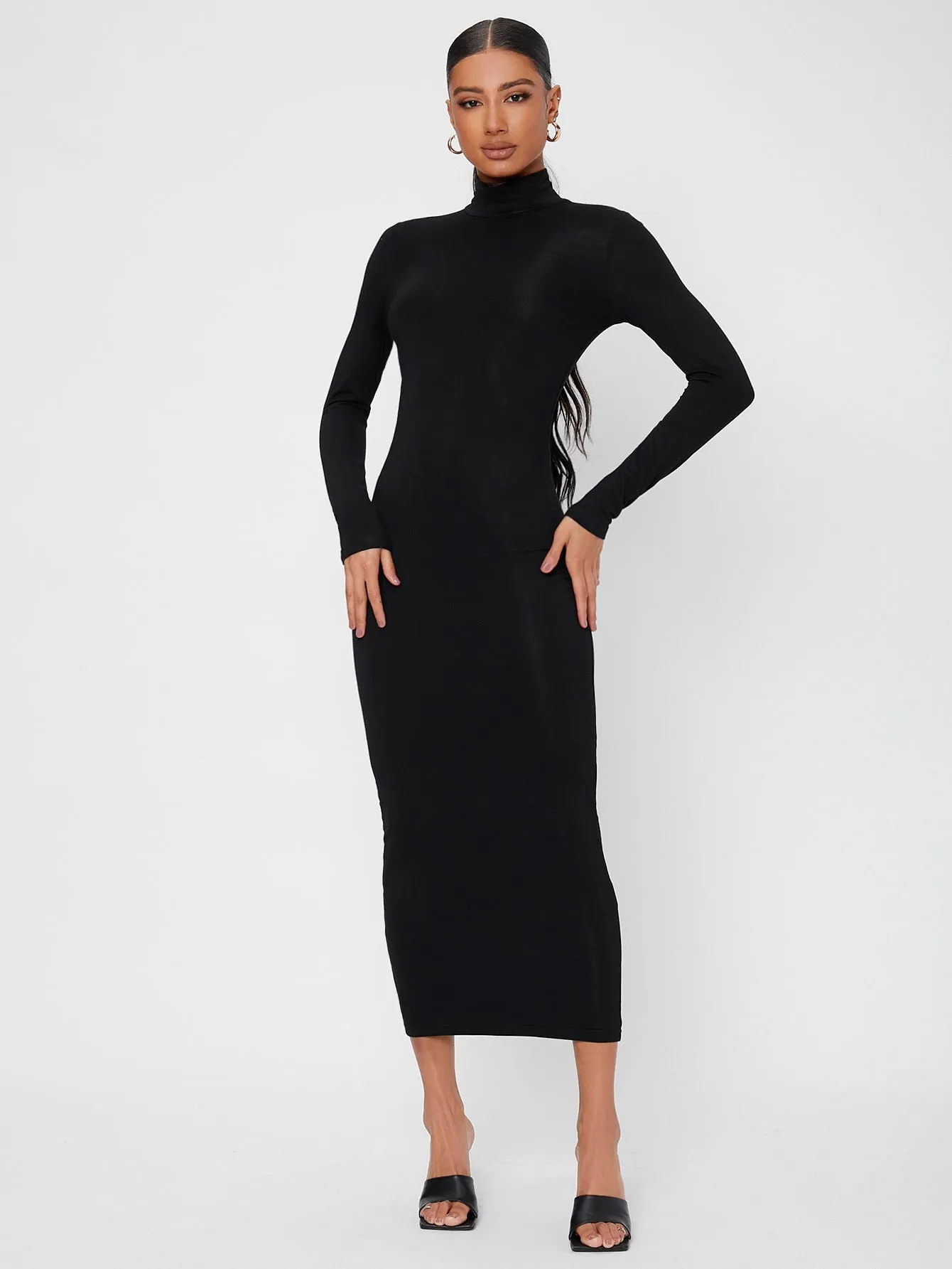 Plain Long Sleeve High Neck Pencil Natural Long Womens Dress