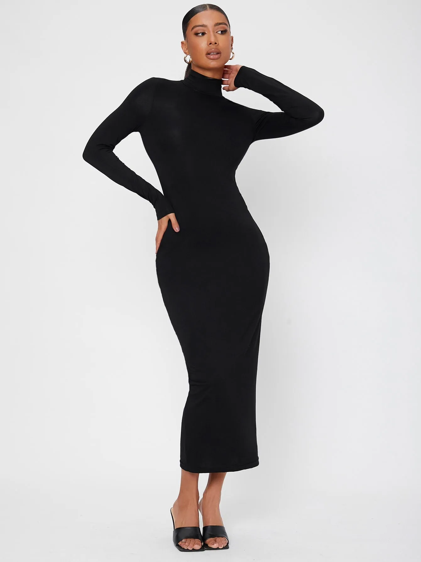 Plain Long Sleeve High Neck Pencil Natural Long Womens Dress