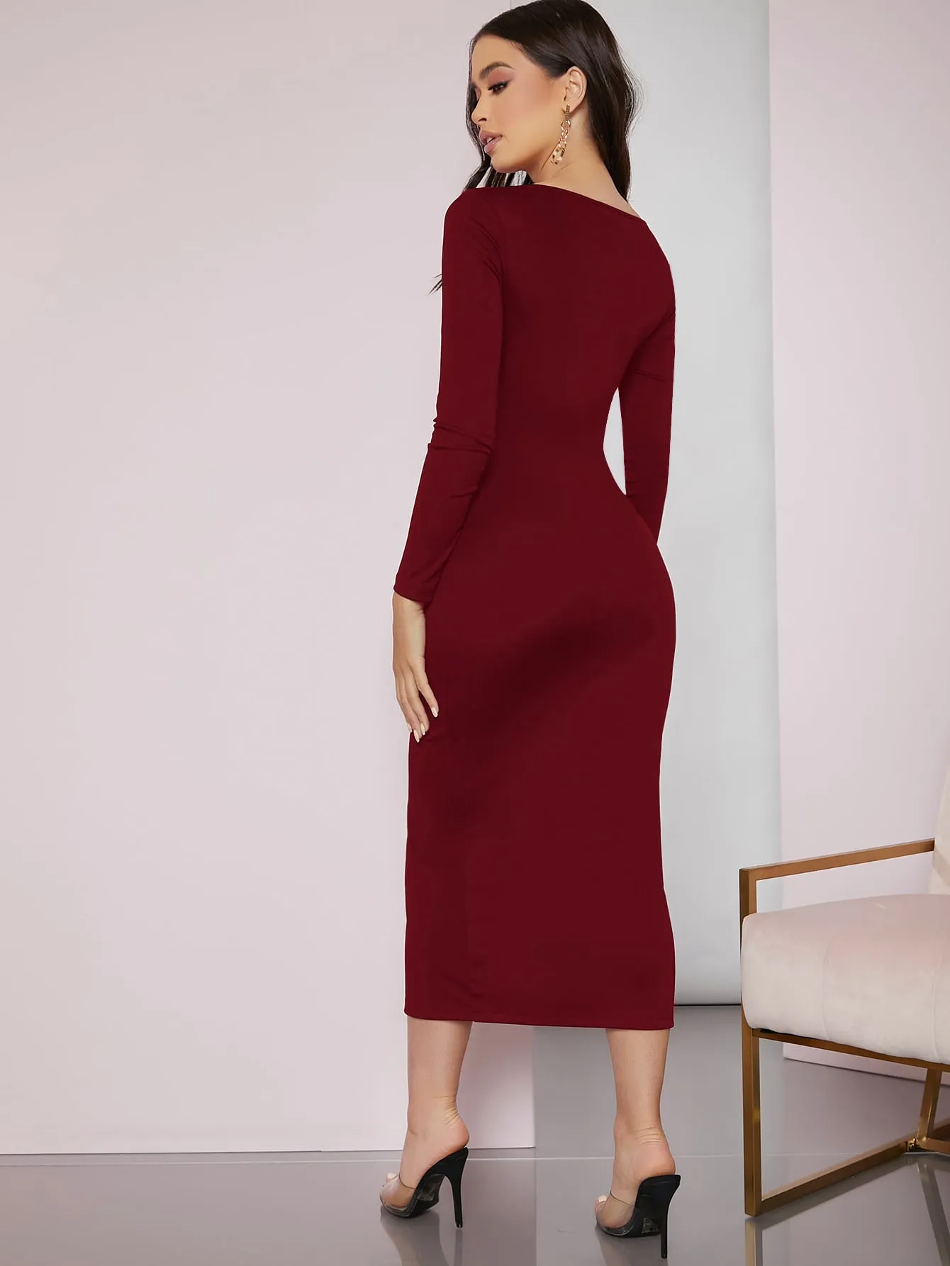 Plain Split Long Sleeve Sweetheart Slit High Waist Long Dress