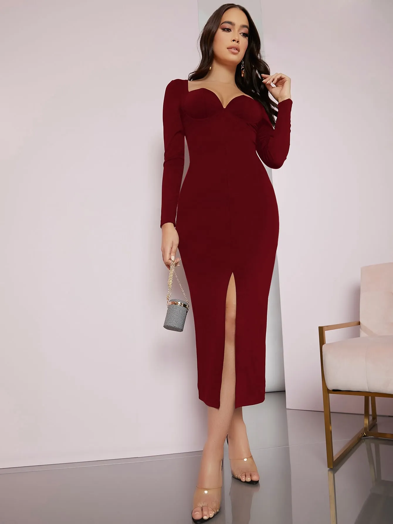 Plain Split Long Sleeve Sweetheart Slit High Waist Long Dress