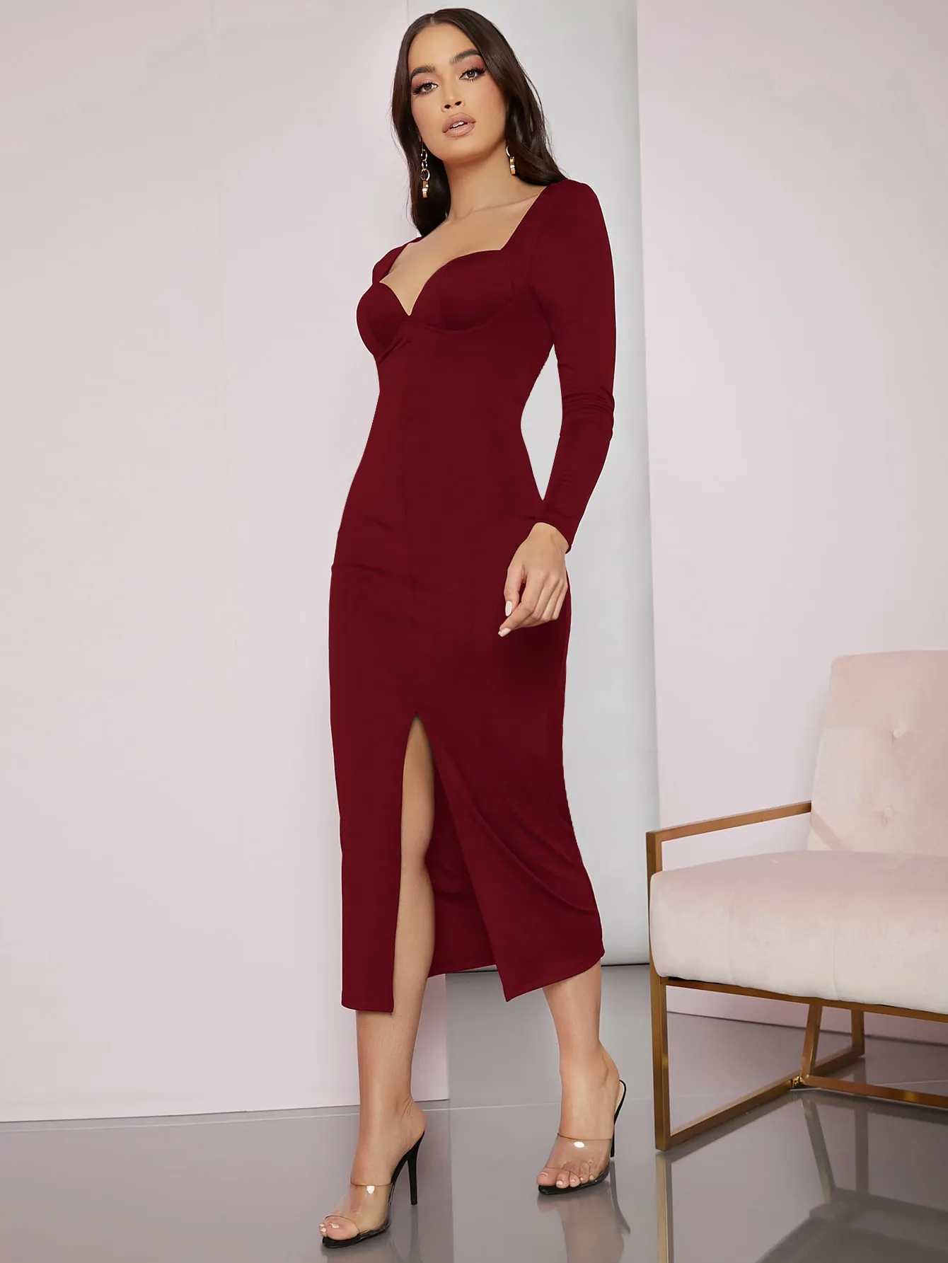 Plain Split Long Sleeve Sweetheart Slit High Waist Long Dress