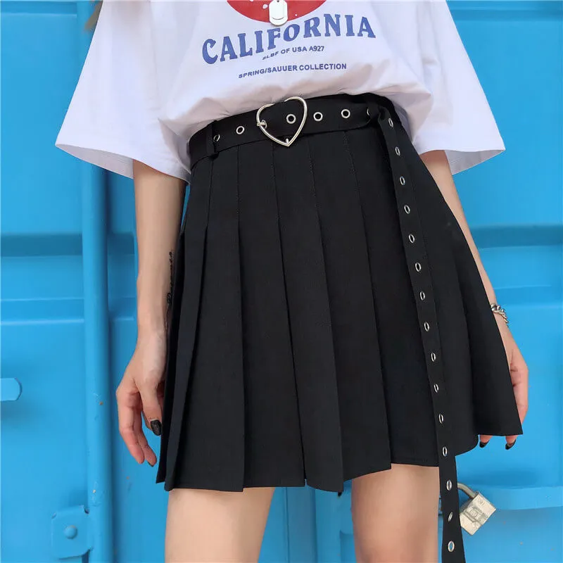 [Plus size] Love heart buckle belt A-line pleated skirt