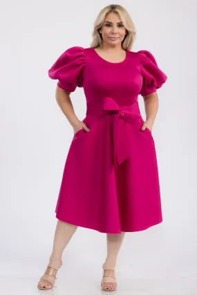 Plus Size Puffy sleeves Flare Knee Dresses With Pockets