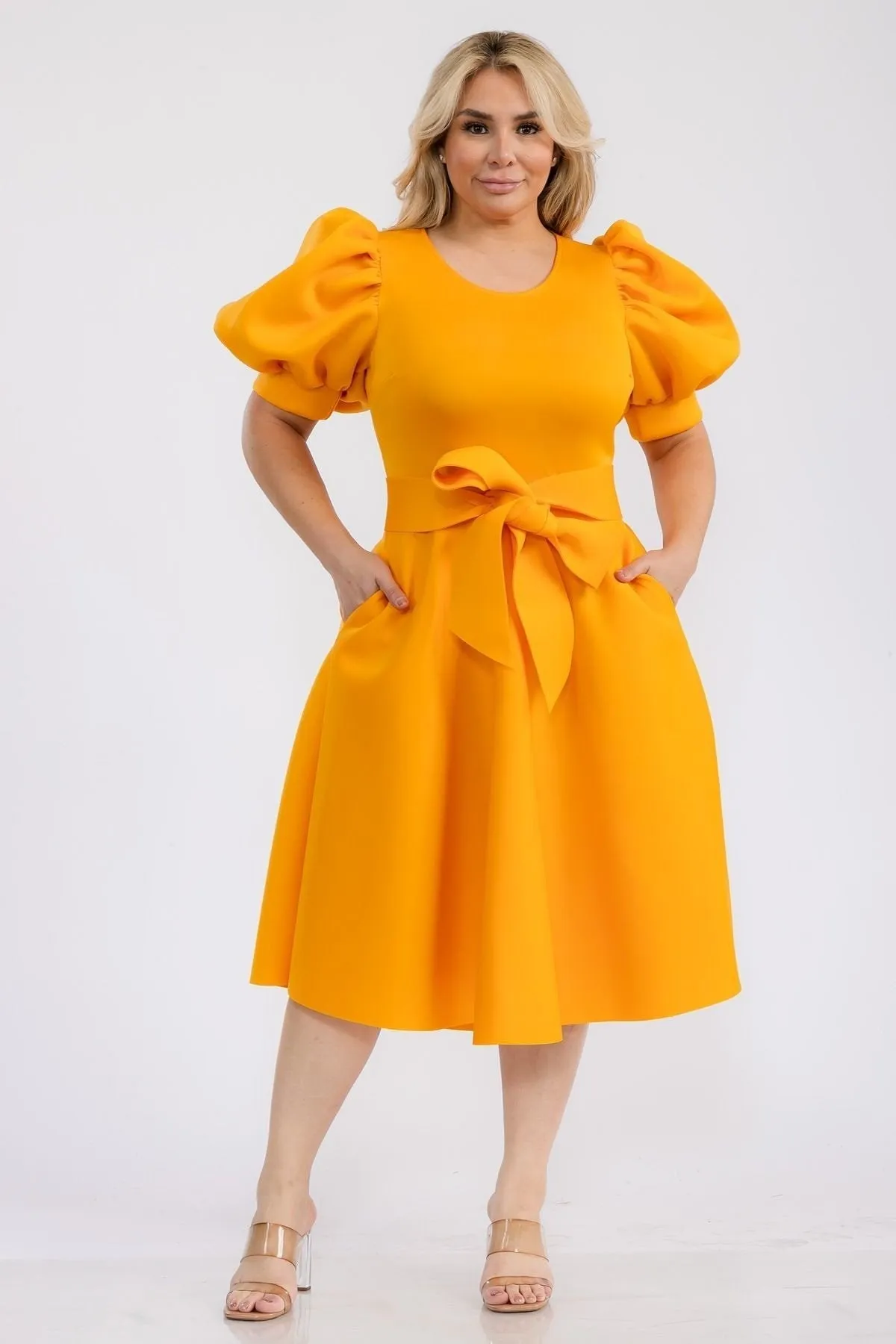 Plus Size Puffy sleeves Flare Knee Dresses With Pockets