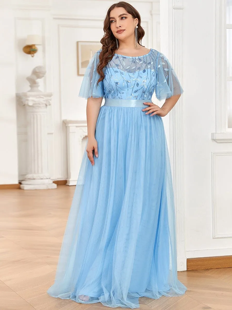 Plus Size Women's Embroidery Bridesmaid Dress with Short Sleeve