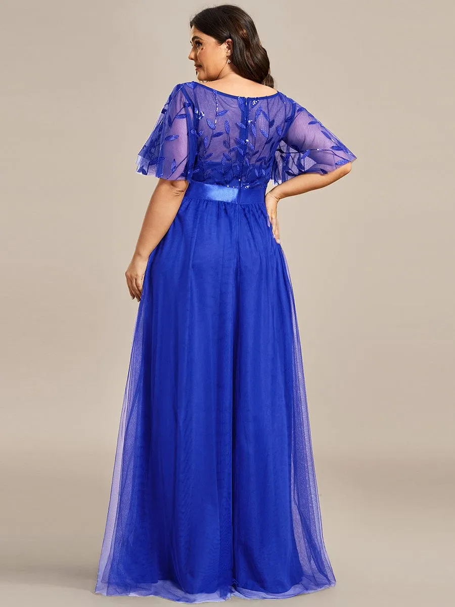 Plus Size Women's Embroidery Bridesmaid Dress with Short Sleeve